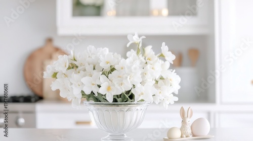 Beautiful white flowers in a clear vase on a kitchen counter with decorative ...