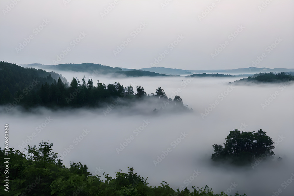 Fototapeta premium Beautiful landscape of fog flowing between hills covered with coniferous forest