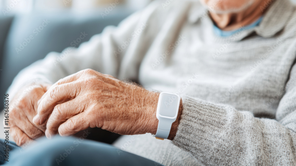 Elderly man using smartwatch to check health data at home close-up lifestyle shot Elderly man using smartwatch to check health data at home close-up lifestyle shot