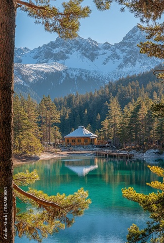 Beautiful mountain lake surrounded by trees with a quaint building reflecting...