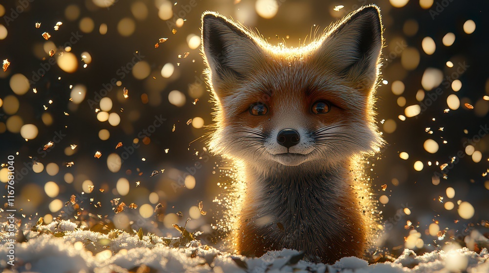 Fototapeta premium Adorable red fox in winter wonderland, surrounded by snow and golden bokeh.