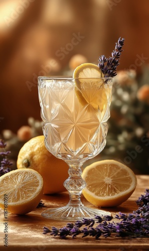Refreshing citrus drink in a crystal glass with lemon and lavender on a woode...