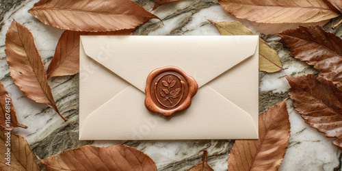 Top view sealed wedding invitation paper envelope with vintage wax seal, copy space, leaves   