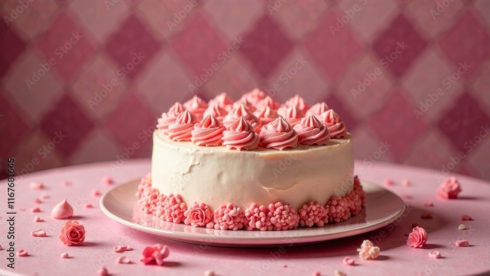 Christmas and New year background with A beautiful pink cake with pink frosting and pink sprinkles is sitting on a white plate on a pink tablecloth. The cake is placed on a dining table, and it looks Christmas and New year background with A beautiful pink cake with pink frosting and pink sprinkles is sitting on a white plate on a pink tablecloth. The cake is placed on a dining table, and it looks