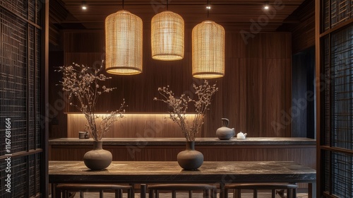 Stylish modern kitchen interior with unique lighting and earthy decor elements