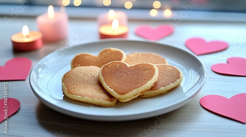 Pancakes in the shape of hearts, topped with candles and floral decorations