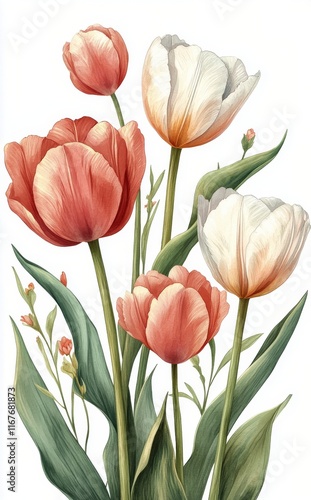 Vibrant tulip bouquet featuring pink and white blooms surrounded by lush gree...