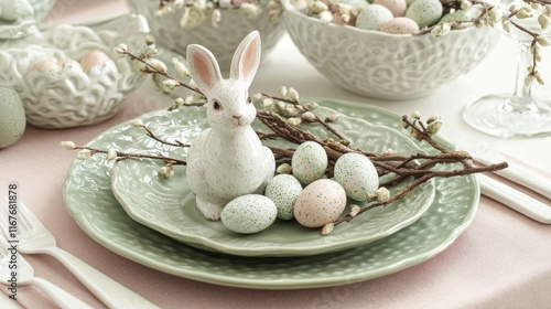 Spring celebration table setting with bunny and decorated eggs
