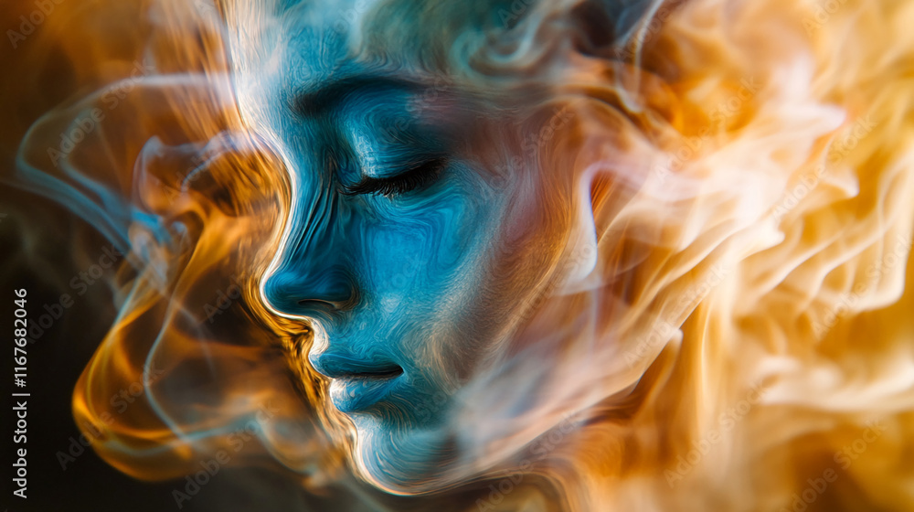 Fototapeta premium Abstract smoke swirling in vibrant colors forming a face shape with artistic patterns.