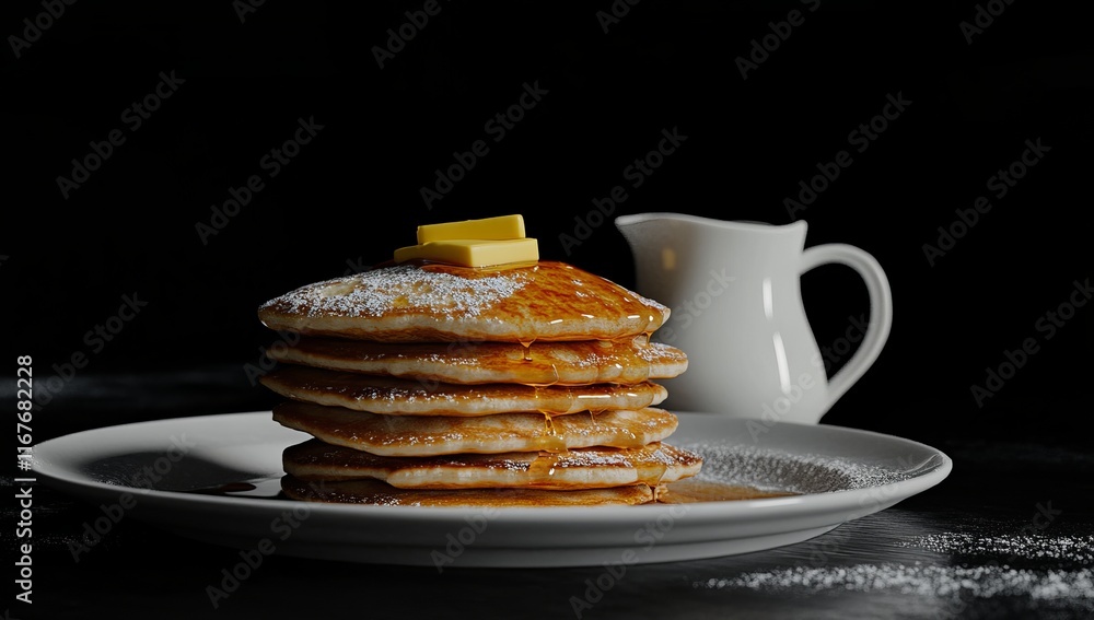A close-up shot of a comforting breakfast spread with a stack of fluffy pancakes slathered in maple syrup and a pat of butter, set in a cozy kitchen A close-up shot of a comforting breakfast spread with a stack of fluffy pancakes slathered in maple syrup and a pat of butter, set in a cozy kitchen