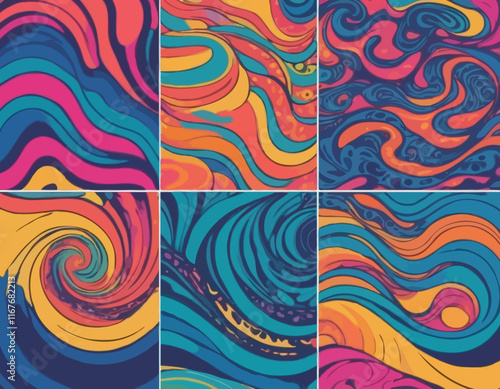 Set of Wavy Seamless Trippy Patterns in Psychedelic Colors. Abstract Vector Swirl Backgrounds. 1970 Aesthetic Textures with Flowing Waves