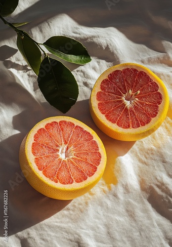 Freshly cut grapefruit halves resting on a soft, natural fabric background in...