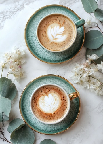 Delicate coffee cups surrounded by flowers and greenery in a light setting