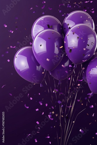 Celebration with purple balloons and confetti on a backdrop for a festive event