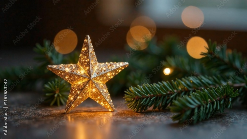Christmas and New year background with A gold star is lit up and placed on a table next to some green leaves. Concept of warmth and festivity, as the star is often associated with Christmas and the ho Christmas and New year background with A gold star is lit up and placed on a table next to some green leaves. Concept of warmth and festivity, as the star is often associated with Christmas and the ho