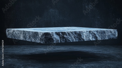 Floating stone slab in a surreal dark environment with intriguing lighting effects