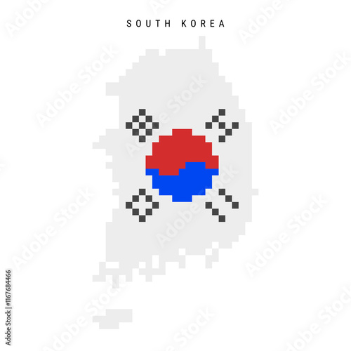 South Korea pixel flag map icon. 8 bit pixel art South Korean map covered with flag. Flat vector illustration isolated on white background.