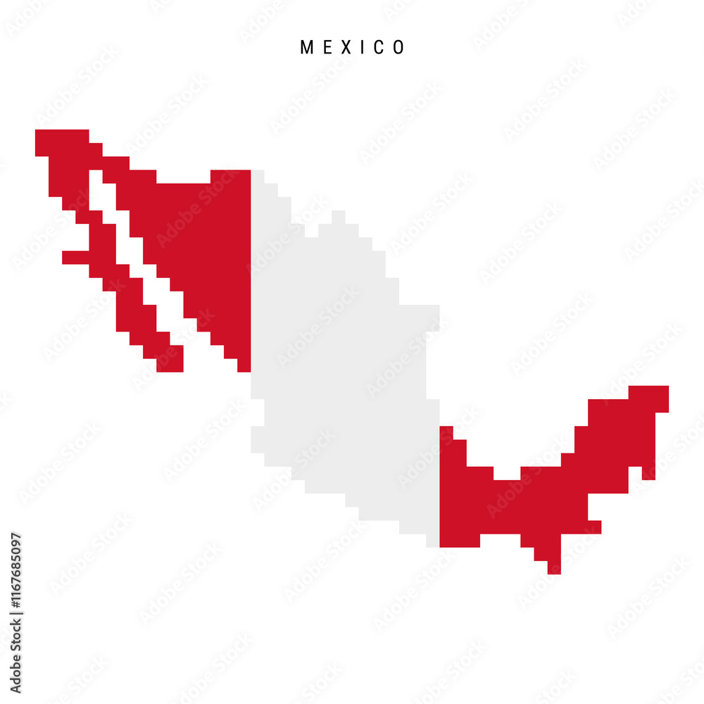 Fototapeta premium Mexico pixel flag map icon. 8 bit pixel art Mexican map covered with flag. Flat vector illustration isolated on white background.