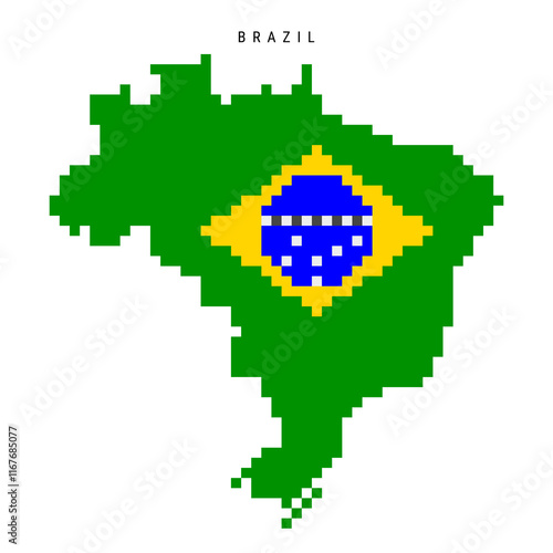 Brazil pixel flag map icon. 8 bit pixel art Brazilian map covered with flag. Flat vector illustration isolated on white background.