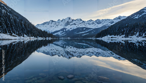 Miroir des Alpes enneigées au lever du jour