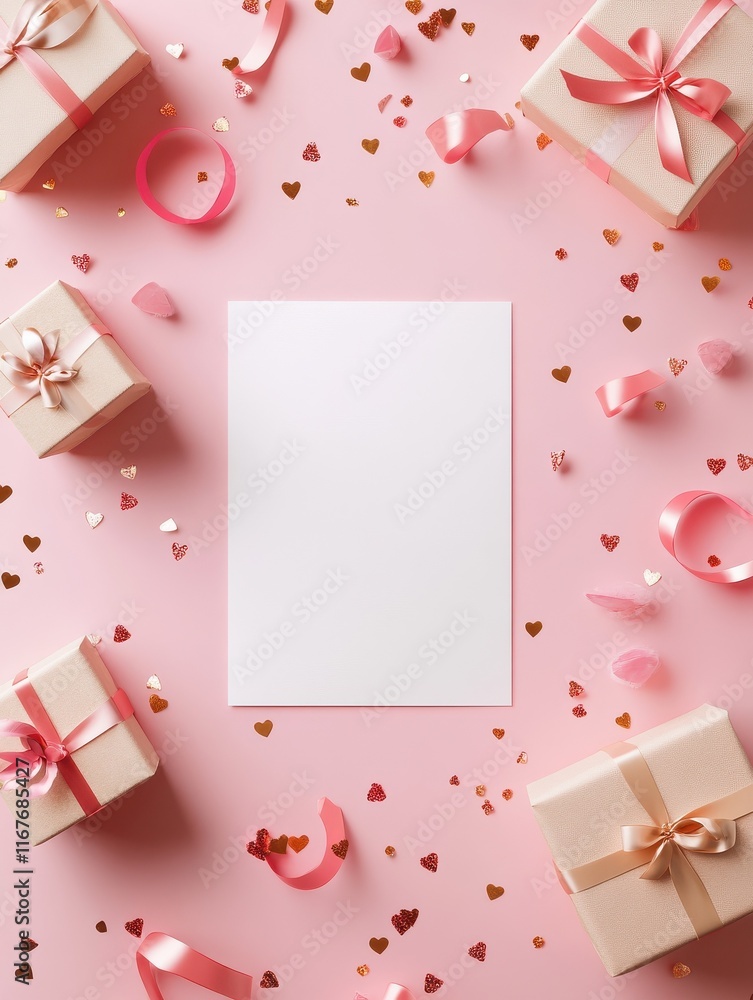 Valentine's Day card design with blank paper, gifts, ribbon, and confetti on a pink background, love and romance concept. Valentine's Day card design with blank paper, gifts, ribbon, and confetti on a pink background, love and romance concept.