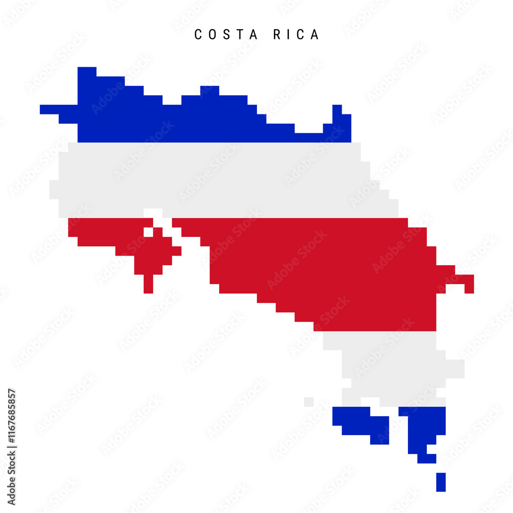 Obraz premium Costa Rica pixel flag map icon. 8 bit pixel art Costa Rican map covered with flag. Flat vector illustration isolated on white background.