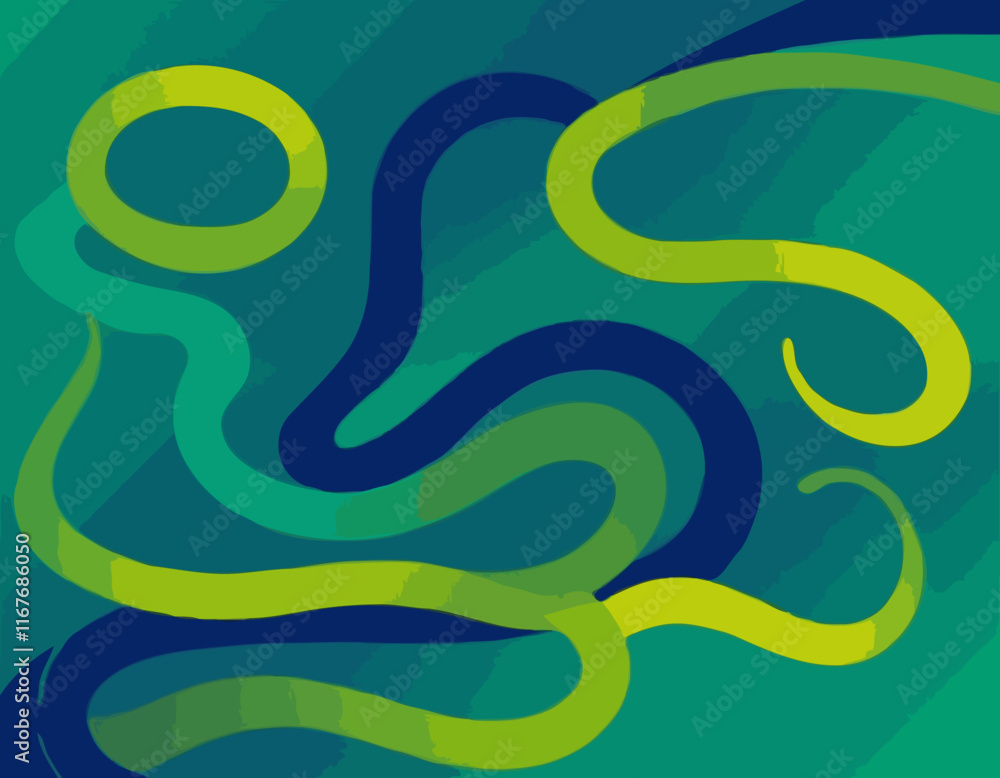 Fototapeta premium Geometric Background with Dynamic Blue and Green Line Shapes. Vector Pattern with Squiggle Gradient Element. Colorful Abstract Snake Illustration.