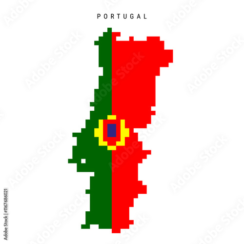 Portugal pixel flag map icon. 8 bit pixel art Portuguese map covered with flag. Flat vector illustration isolated on white background.