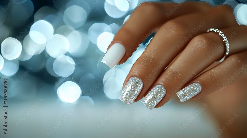 Close-up of woman's hand showcasing elegant white and glitter square-shaped nails against a bokeh background. Close-up of woman's hand showcasing elegant white and glitter square-shaped nails against a bokeh background.