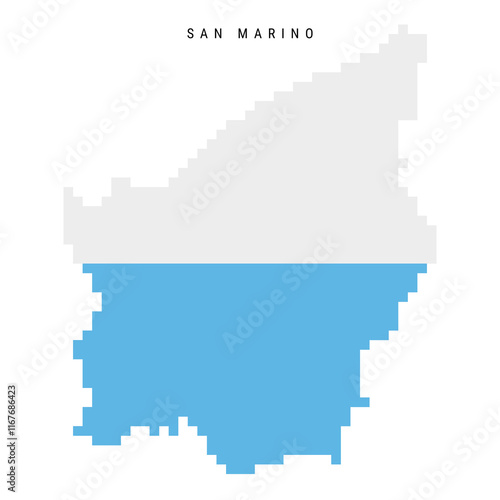 San Marino pixel flag map icon. 8 bit pixel art Most Serene Republic map covered with flag. Flat vector illustration isolated on white background.