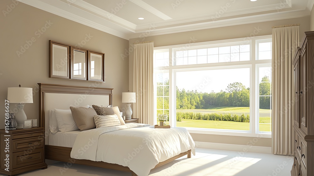 A photostock image of a clean and simple bedroom with neutral tones and a large window.--ar 16:9 A photostock image of a clean and simple bedroom with neutral tones and a large window.--ar 16:9