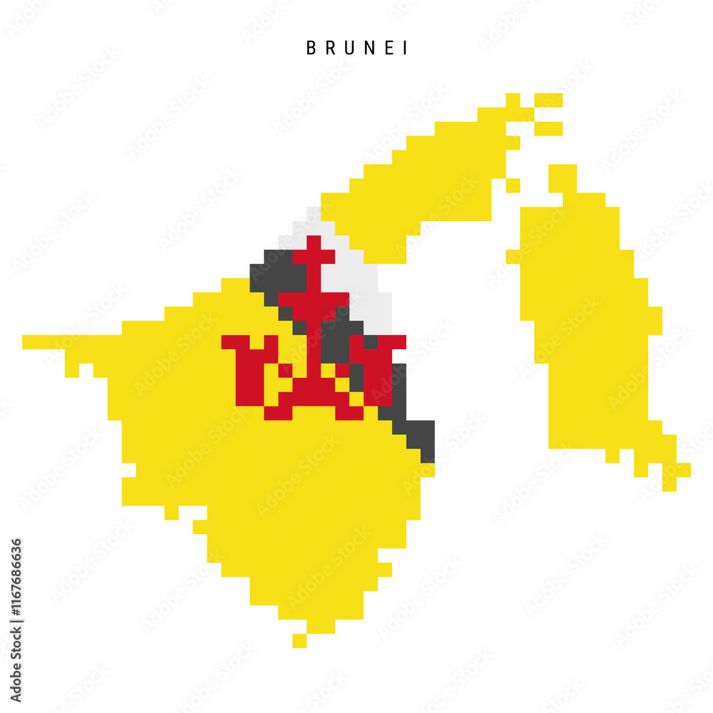 Fototapeta premium Brunei pixel flag map icon. 8 bit pixel art Bruneian map covered with flag. Flat vector illustration isolated on white background.