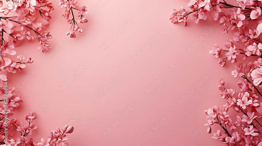 Pink blossoms frame a pale pink background Pink blossoms frame a pale pink background