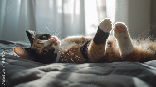 Playful calico cat lying on bed in sunlight, stretching with paws up. photo