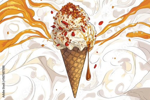 Illustrated Caramel Ice Cream Cone with Drizzling Swirls and Sugar Toppings photo