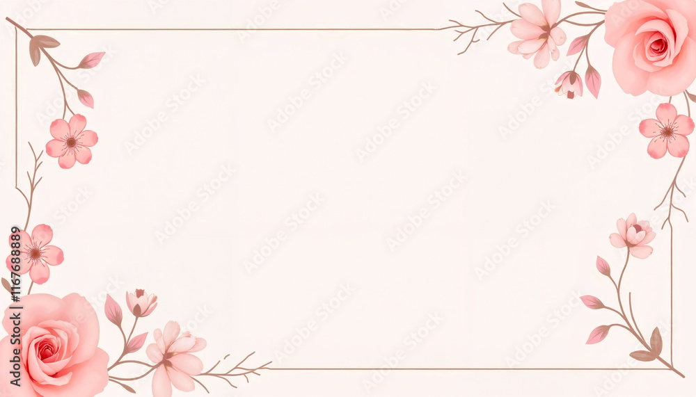 Floral frame with pink roses and blossoms on soft background Floral frame with pink roses and blossoms on soft background