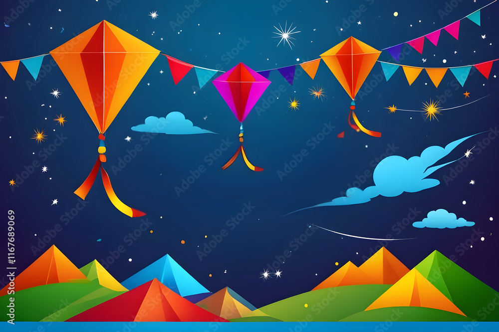 Fototapeta premium Colorful kites flying over stylized landscape at night celebrating makar sankranti
