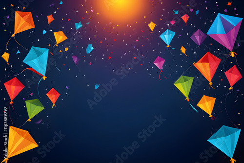 Colorful kites flying in night sky celebrating makar sankranti