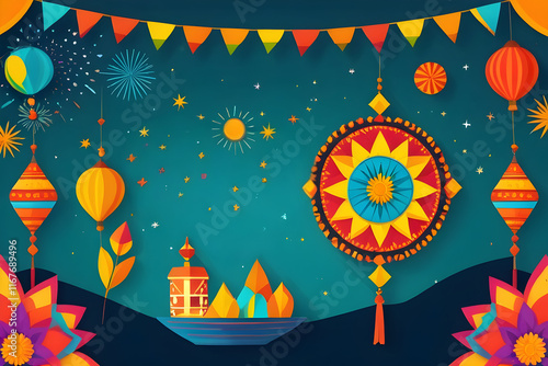 Colorful makar sankranti festival celebration with lanterns, fireworks, and festive decorations photo