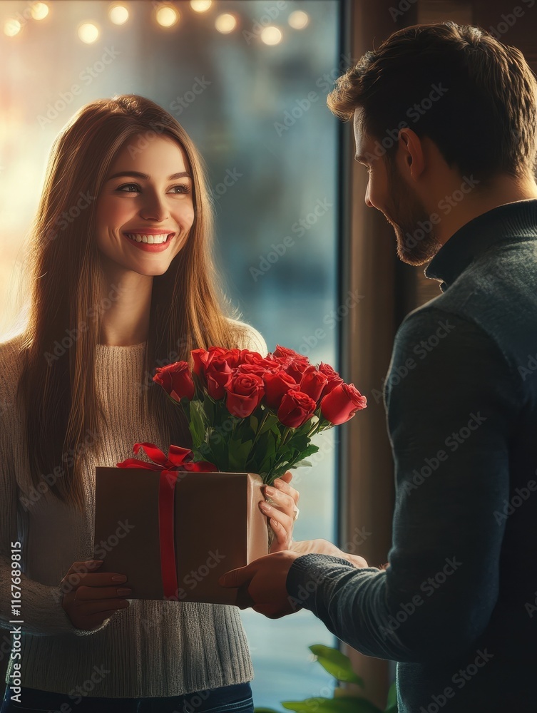 valentines day, couple, relationships and people concept - happy man giving woman flowers and present at home valentines day, couple, relationships and people concept - happy man giving woman flowers and present at home