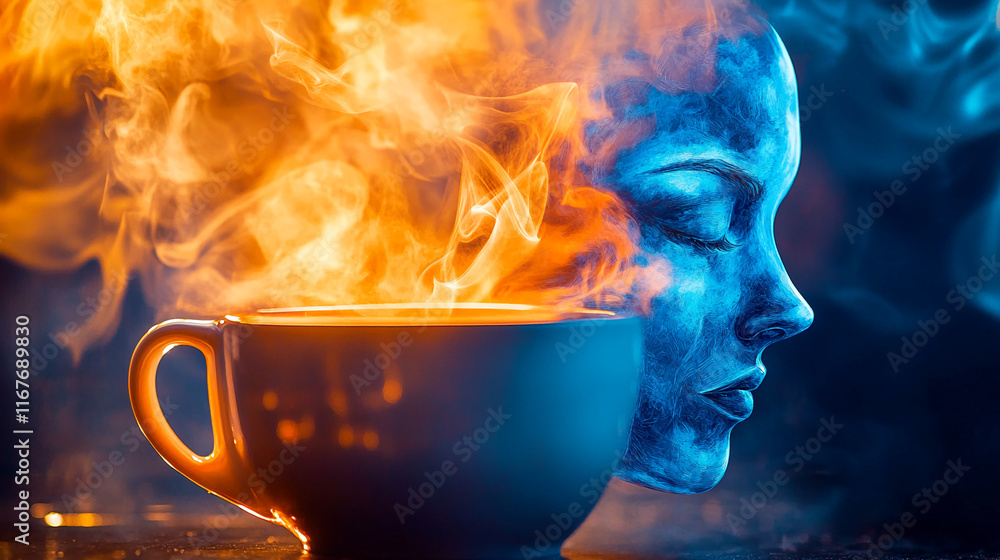 Steam rising from a cup forming a face, creative fusion of art and coffee steam Steam rising from a cup forming a face, creative fusion of art and coffee steam