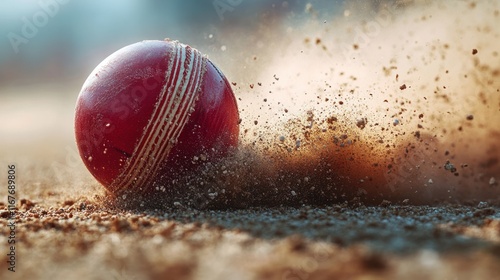A cricket ball rolling on a dusty field, kicking up dirt and dust.