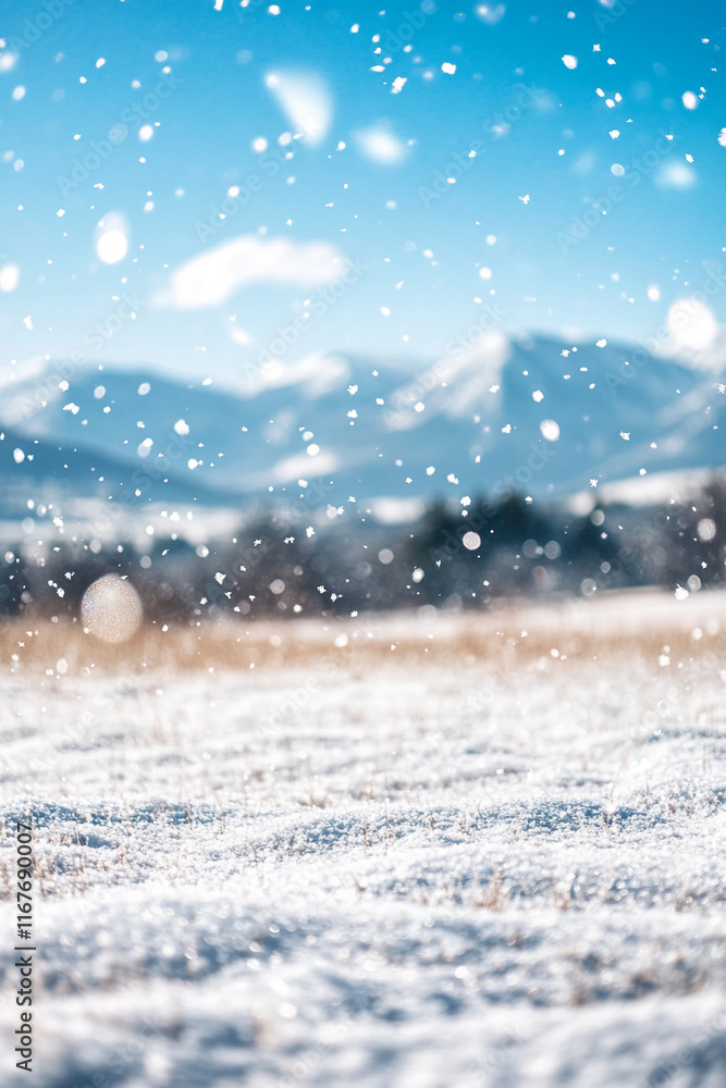 Snowflakes falling over a frosty meadow with distant mountains under a clear blue sky Snowflakes falling over a frosty meadow with distant mountains under a clear blue sky