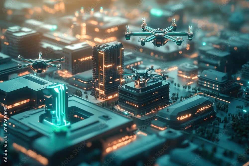 Drones navigating a futuristic city skyline during dusk with glowing buildings and enhanced urban design Drones navigating a futuristic city skyline during dusk with glowing buildings and enhanced urban design