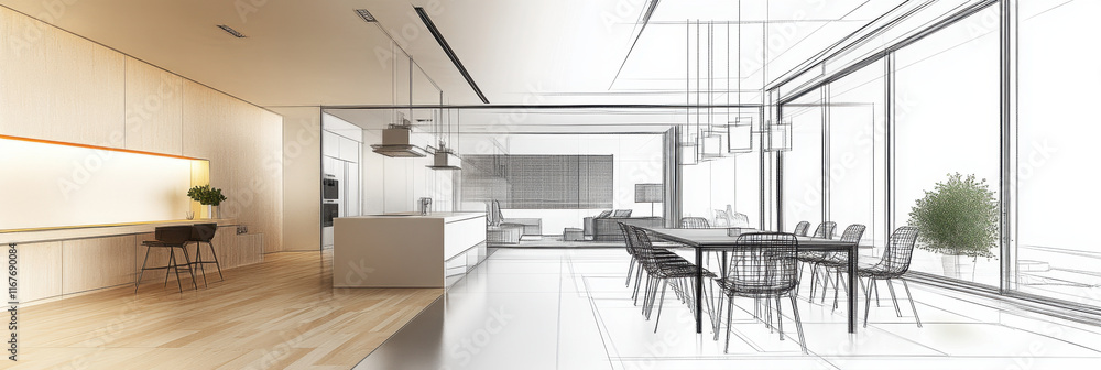 This modern space showcases an open kitchen and dining area designed with a minimalist aesthetic. Large windows allow ample natural light, enhancing the clean lines and simplicity of the décor. This modern space showcases an open kitchen and dining area designed with a minimalist aesthetic. Large windows allow ample natural light, enhancing the clean lines and simplicity of the décor.