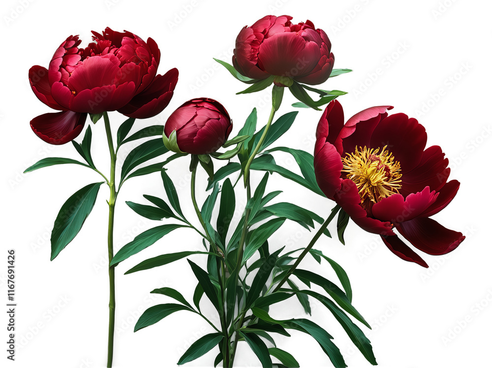 Vibrant Red Peonies with Green Leaves on White Background Vibrant Red Peonies with Green Leaves on White Background