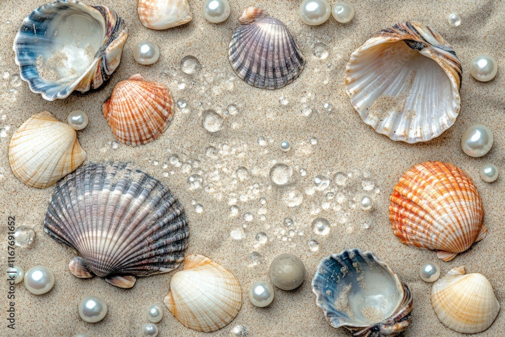 Assortment of seashells and pearls on sandy beach Assortment of seashells and pearls on sandy beach