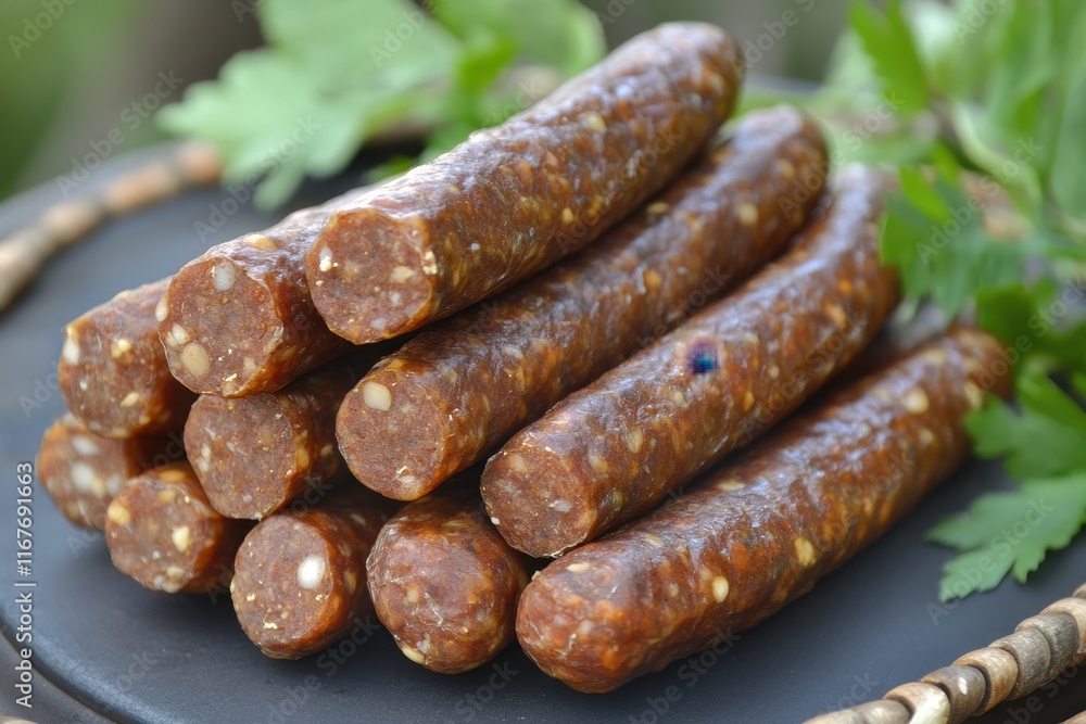 Delicious homemade sausage sticks arranged on a black plate with fresh herbs in a bright kitchen setting Delicious homemade sausage sticks arranged on a black plate with fresh herbs in a bright kitchen setting