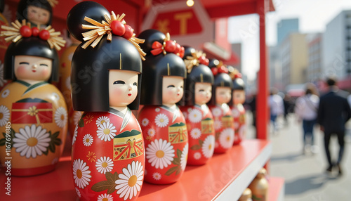 Japanese hina dolls displayed in vibrant shopping district, Hinamatsuri photo