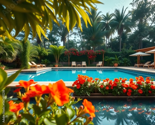 stock photo Wide-angle view of a luxurious swimming pool, lush greenery, vibrant flowers. Strong hard light, smooth gradient transition,  photo